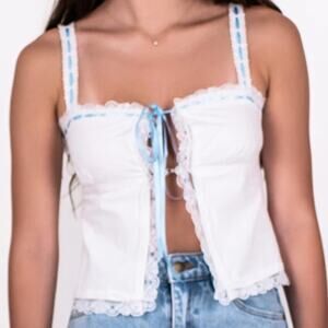 NWT $58 REVOLVE RUMORED vintage love camisole top white w blue ribbon XS